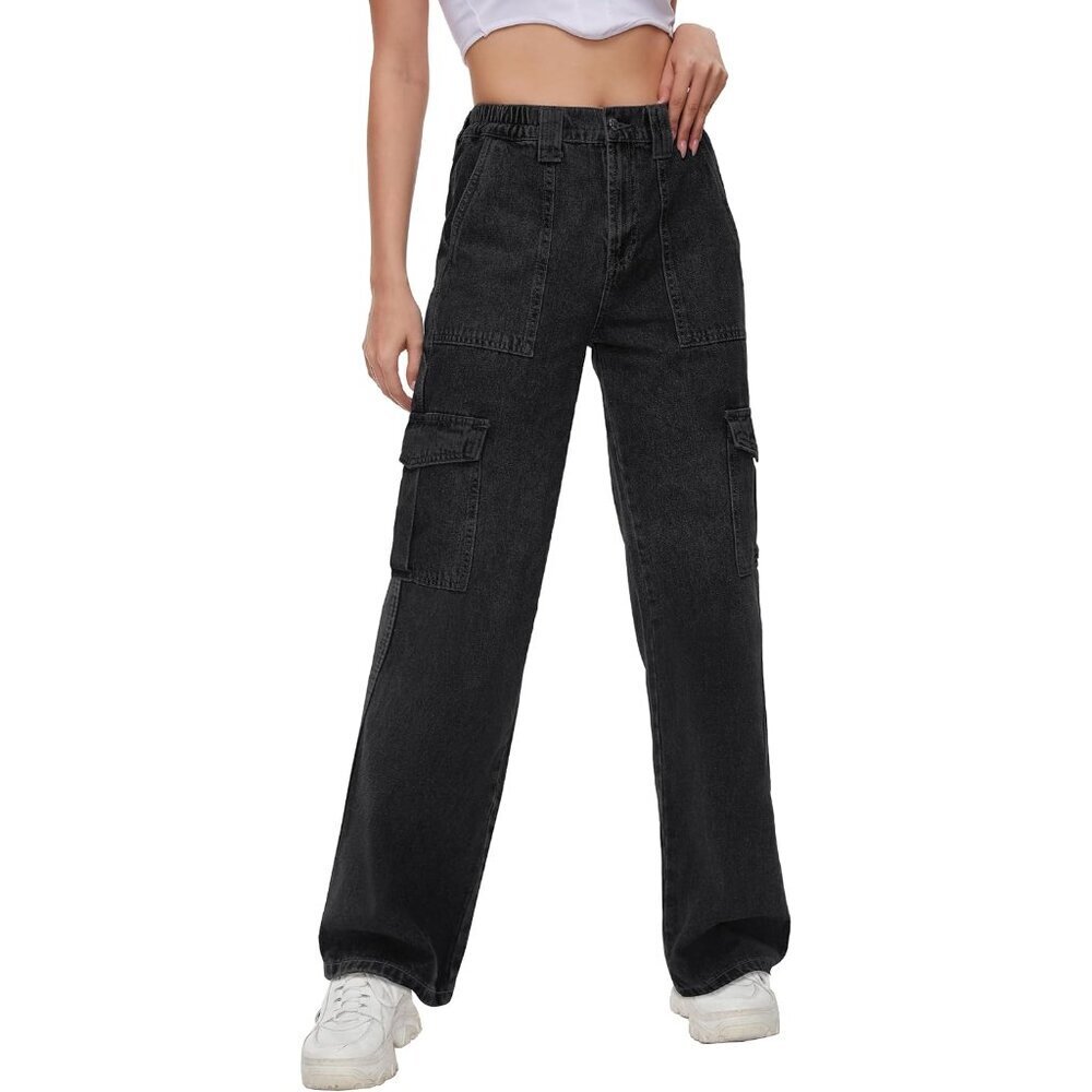 Women's Cargo Jeans Denim Mid Rise Straight Leg Casual Pants